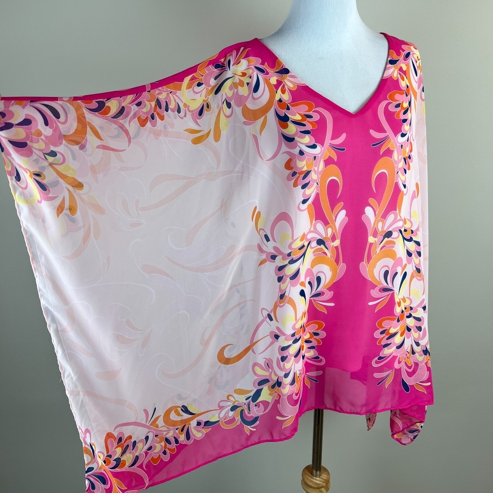 JM Collection Poncho Top Womens Large Pink Sheer Layered V-Neck Flowy Feminine L